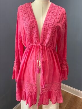 American Flirt Pink Crochet Lace Cover Up Kimono Tassel Tie Cotton Size M